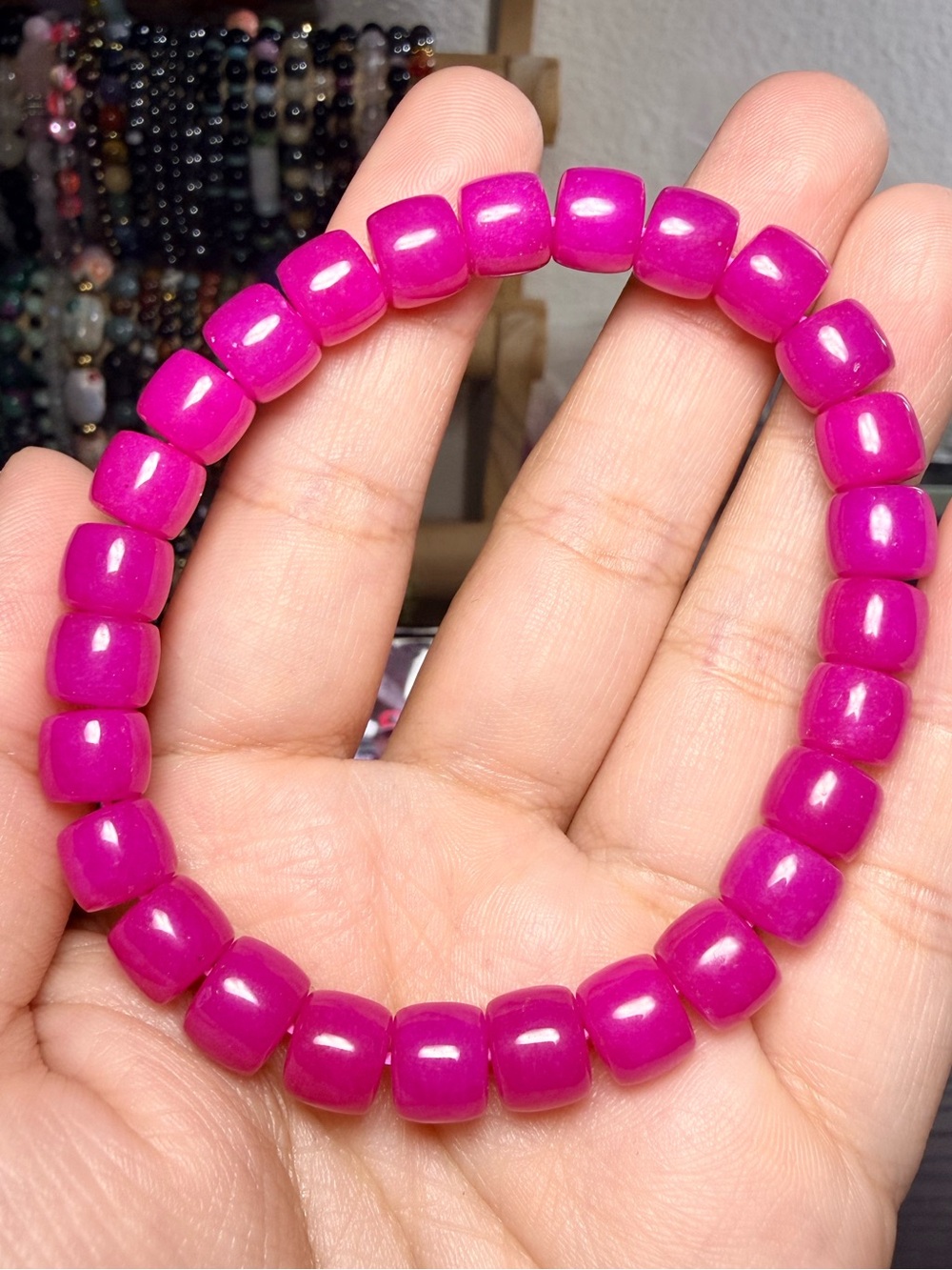 Hot Pink Quartz 8mm Barrel Bead Stretch Bracelet
